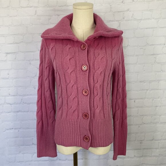 Ann Taylor LOFT Small Wool Pink Cable Knit Collared Cardigan Sweater - Picture 1 of 5